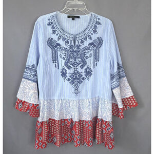 Calessa Top Womens Large Multicolor Embroidered Boho Tunic Blouse Tribal